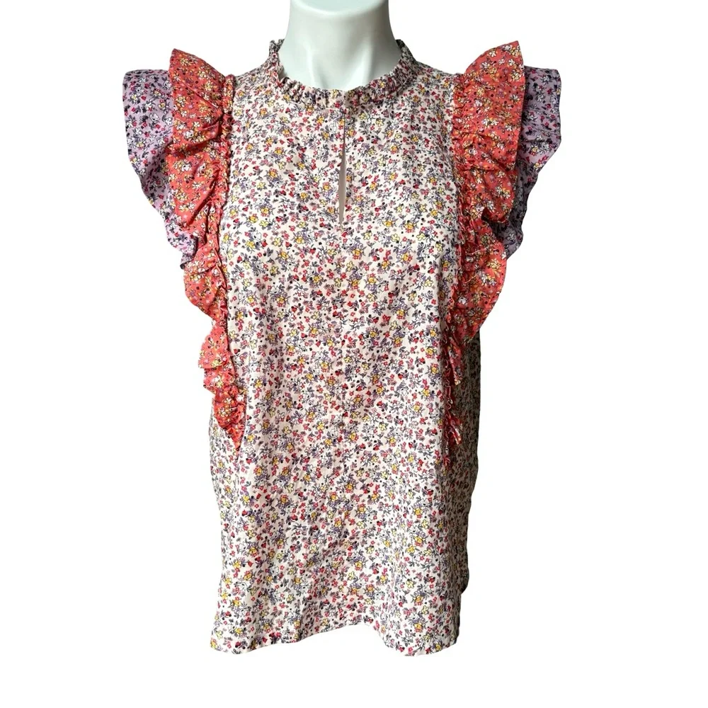 Ann Taylor Purple Orange Floral Ruffle Flutter Keyhole Button Blouse, Sz M - Picture 3 of 14